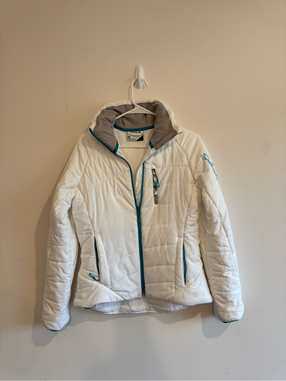 Salomon White Jacket with Teal Trim and Gray Lining